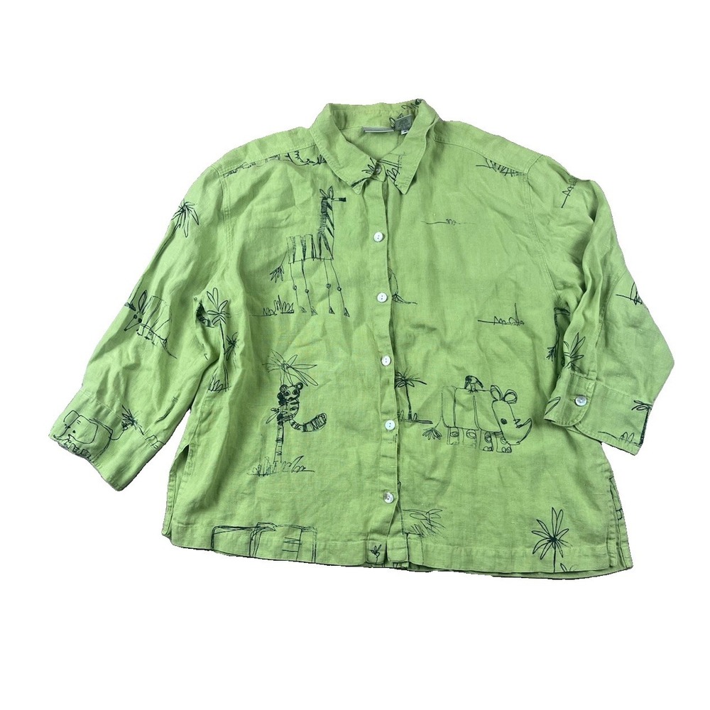 Chicos Womens Medium Green 100% Linen Button Up Shirt Safari Animal 3/4 Sleeves